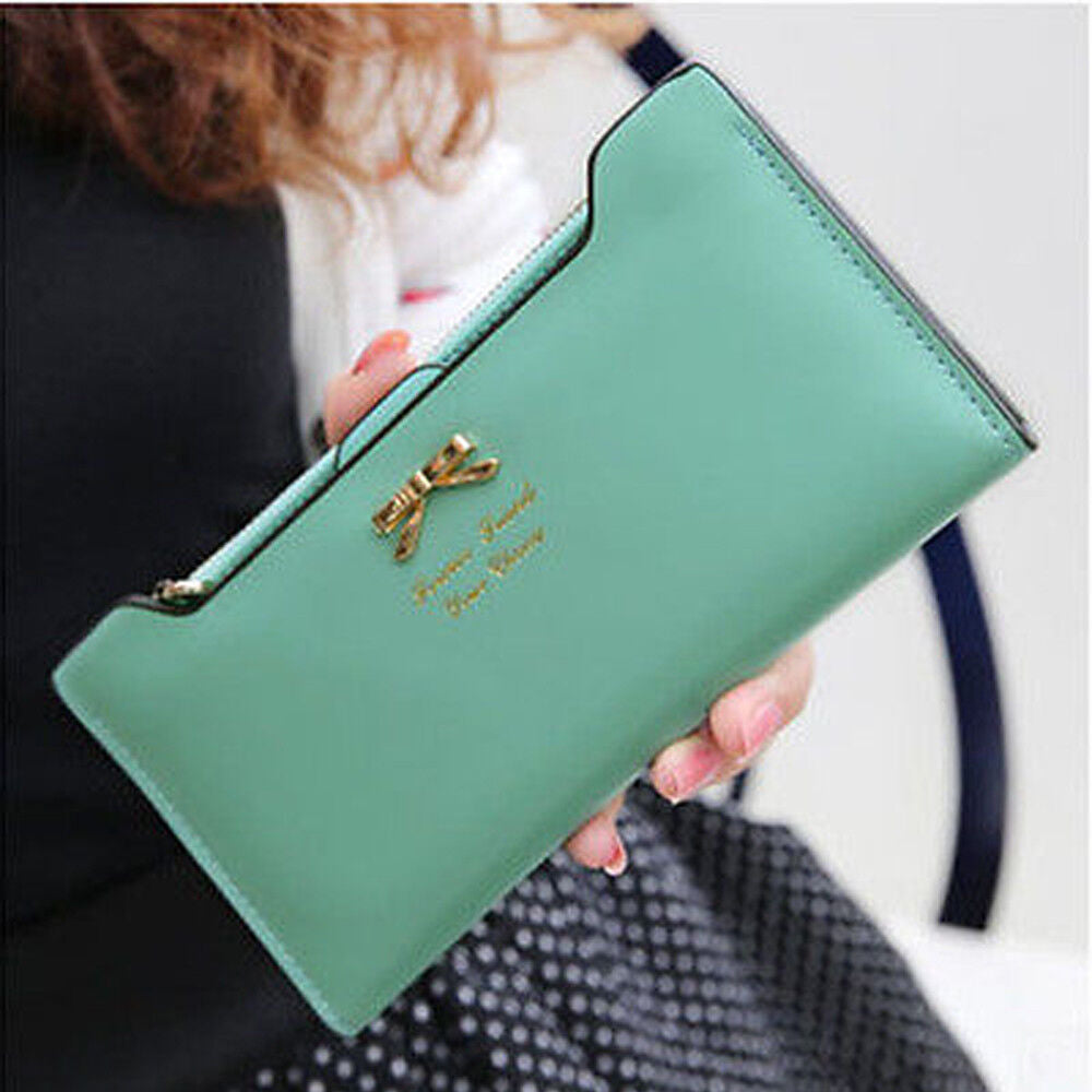 Women Long Leather Thin Wallet Cute Bow Purse Multi ID Credit Card Holder Gift