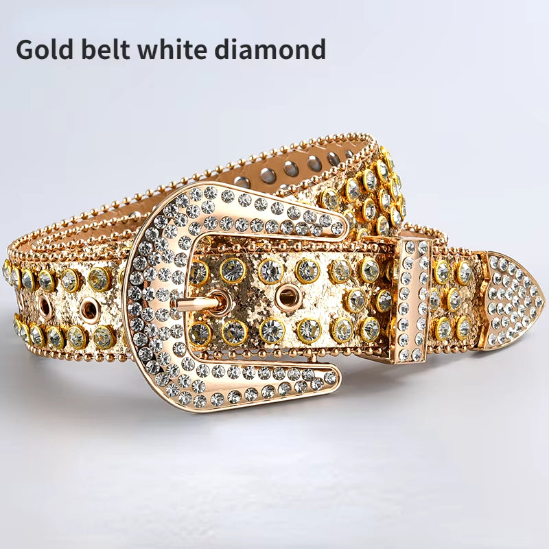 New Rhinestone Luxury Belt Women Y2K Style Western Exaggerated Jeans Fashion Accessories Punk High Quality Alloy Buckle BB Belt