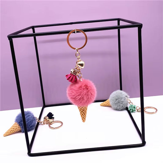 Ice Cream Pendant Rign Keychain Cute Cartoon Keychain Plush Bags Hang Cone Car Key Chain Ring Areata Creative Gift K3164