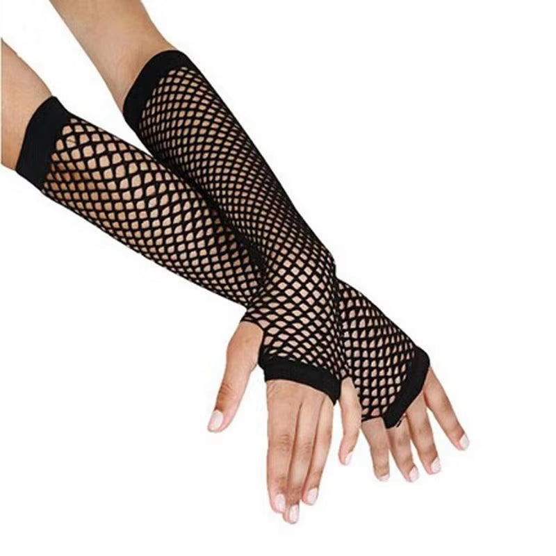 Long Black Fishnet Gloves Womens Sexy Mesh Lace Fingerless Gloves Girls Dance Gothic Punk Rock Costume Festival Gloves Mittens