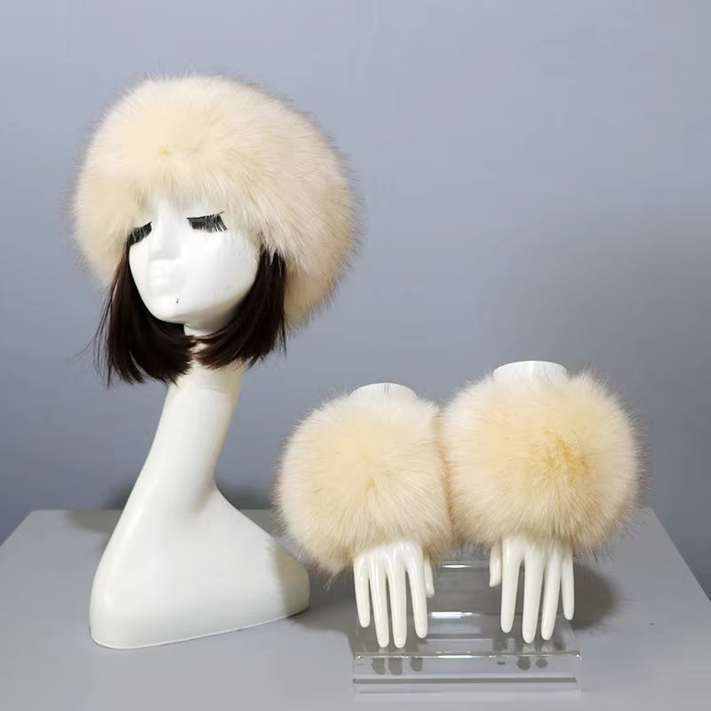 One Set Women Faux Fox Fur Cuffs + Headband Winter Warmer Hat Arm Wrist Sleeve Gloves Female Faux Fur Cap+Elastic Wristband