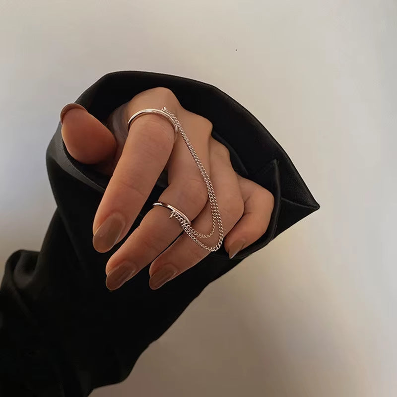 2021 Fashion Punk Chain Double Ring Set Women Hip Hop Open Ring Metal Silver Color Chain Geometric Party Jewlery Gifts