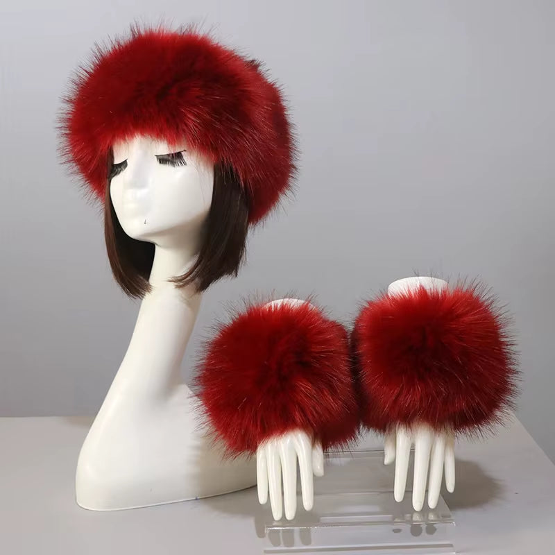 One Set Women Faux Fox Fur Cuffs + Headband Winter Warmer Hat Arm Wrist Sleeve Gloves Female Faux Fur Cap+Elastic Wristband