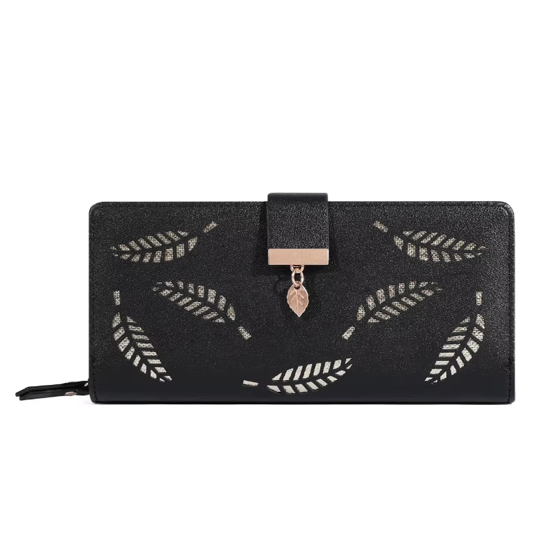 Women Wallet PU Leather Purse Female Long Wallet Gold Hollow Leaves Pouch Handbag for Women Coin Purse Card Holders Clutch