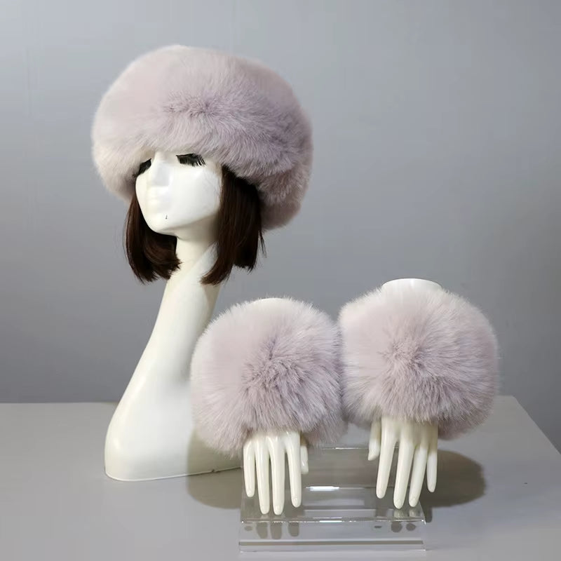 One Set Women Faux Fox Fur Cuffs + Headband Winter Warmer Hat Arm Wrist Sleeve Gloves Female Faux Fur Cap+Elastic Wristband