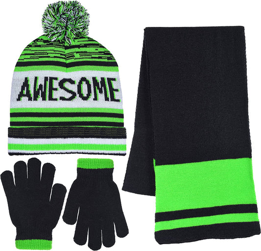 Boy'S 3 Piece Knit Hat, Scarf & Gloves Set in 4 Fun Designs