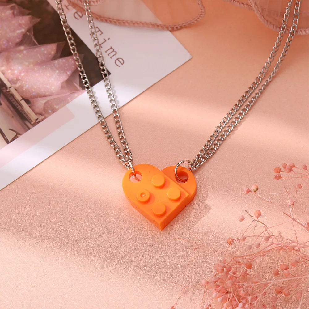 2Pcs Heart Brick Couples Love Necklace for Lovers Women Men Lego Elements Friends Necklaces Valentines Gift Jewelry