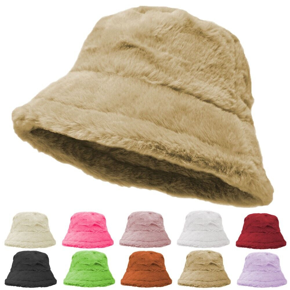 Women'S Winter Plush Fluffy Bucket Hat Warm Faux Fur Lining Cozy Wide Brim Cap