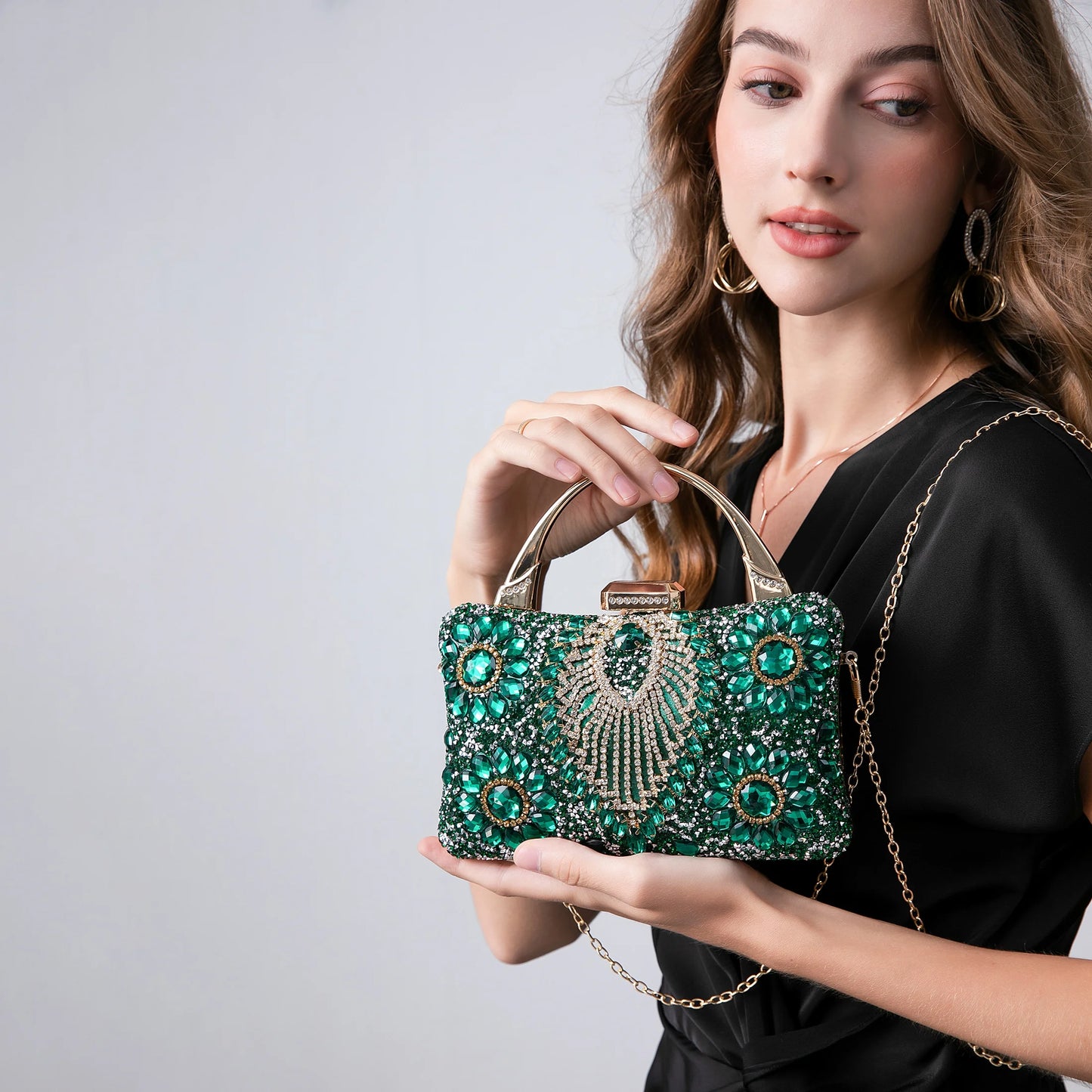 Evening Bag Clutch Purses for Women Ladies Sparkling Party Handbag Wedding Cocktail Prom Bag V-Neck Shape, Green