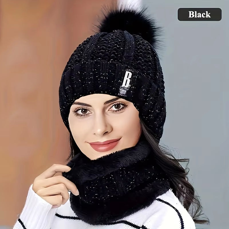 2PCS Winter Warm Knit Hat Set Winter Hat Thick Plush Windproof Cold Casual Warm Hat Scarf