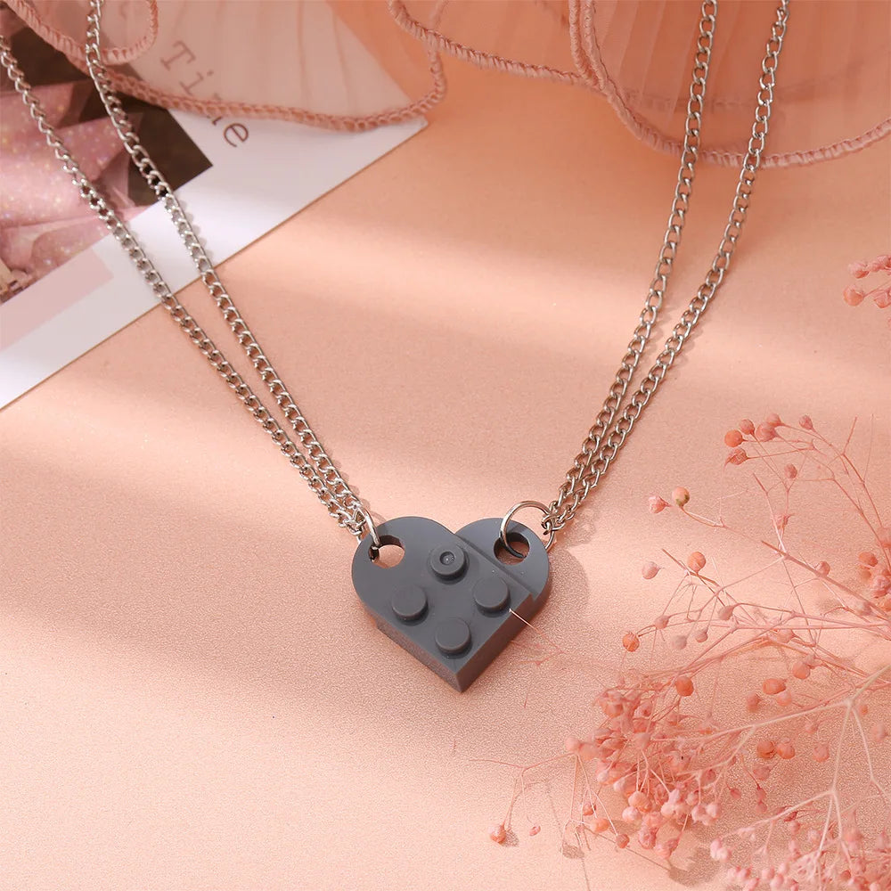 2Pcs Heart Brick Couples Love Necklace for Lovers Women Men Lego Elements Friends Necklaces Valentines Gift Jewelry