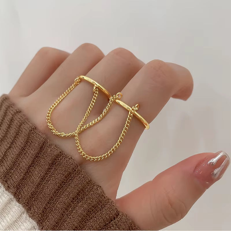 2021 Fashion Punk Chain Double Ring Set Women Hip Hop Open Ring Metal Silver Color Chain Geometric Party Jewlery Gifts