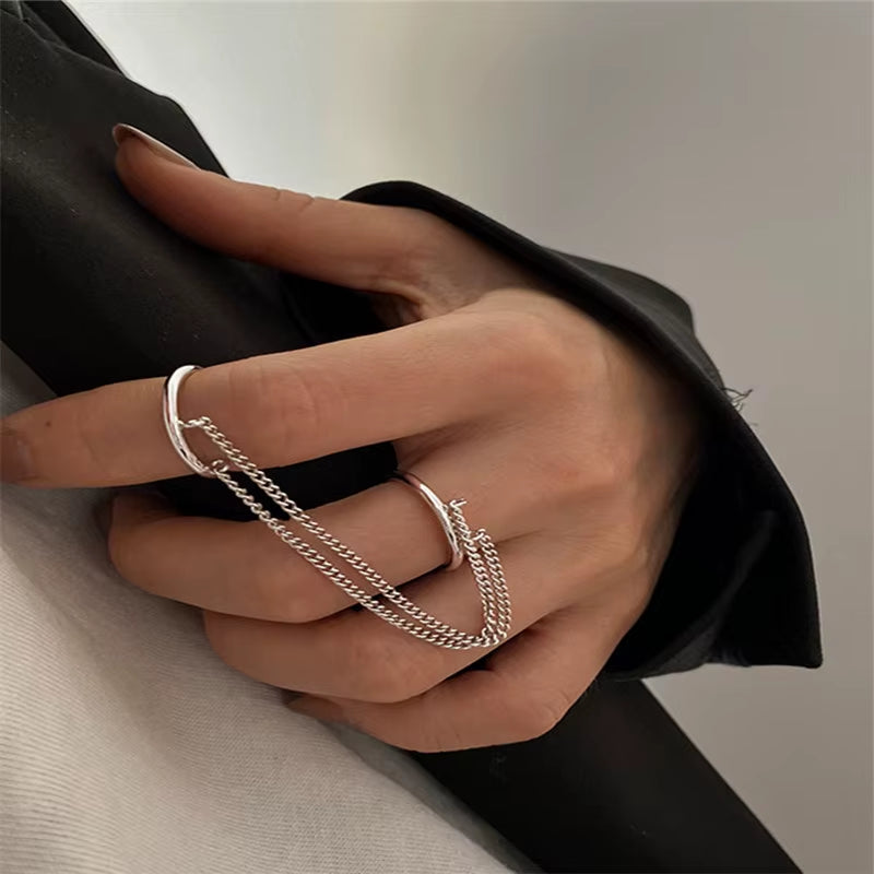 2021 Fashion Punk Chain Double Ring Set Women Hip Hop Open Ring Metal Silver Color Chain Geometric Party Jewlery Gifts