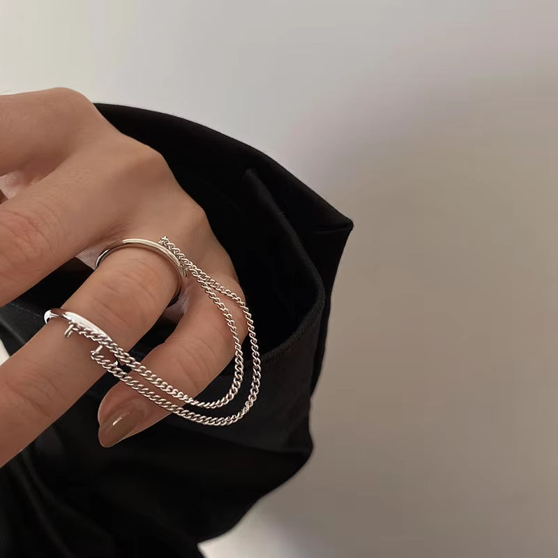 2021 Fashion Punk Chain Double Ring Set Women Hip Hop Open Ring Metal Silver Color Chain Geometric Party Jewlery Gifts