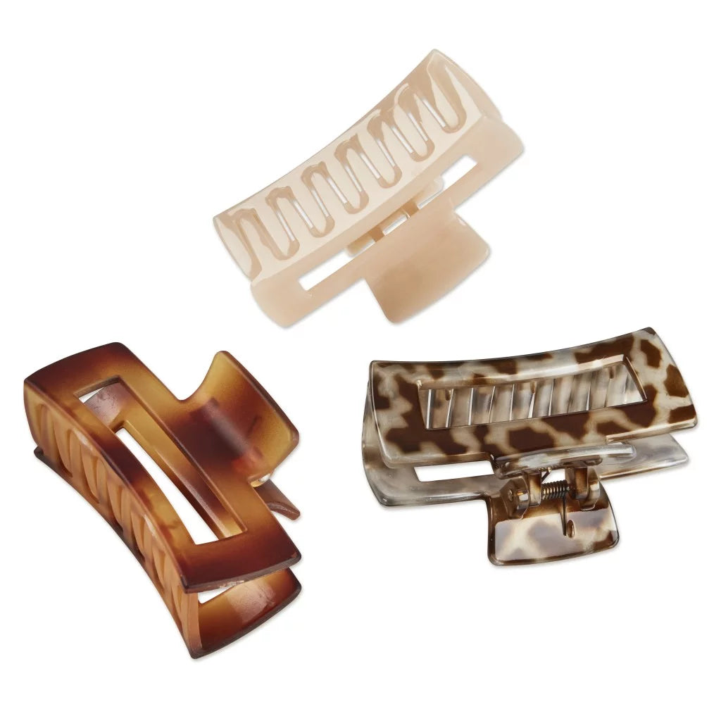 Scunci Open Cut Rectangular Claw Clips, Assorted Neutrals, 3 Ct