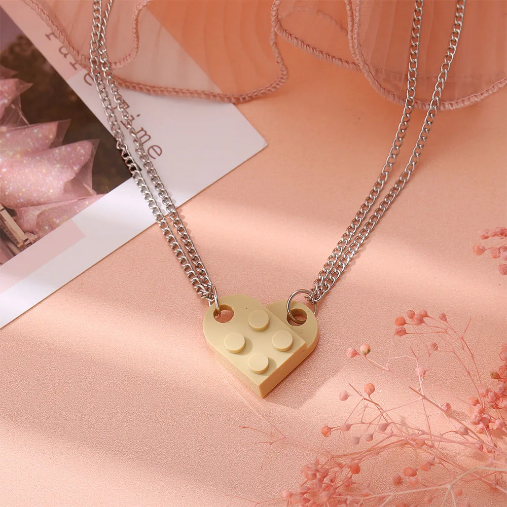 2Pcs Heart Brick Couples Love Necklace for Lovers Women Men Lego Elements Friends Necklaces Valentines Gift Jewelry