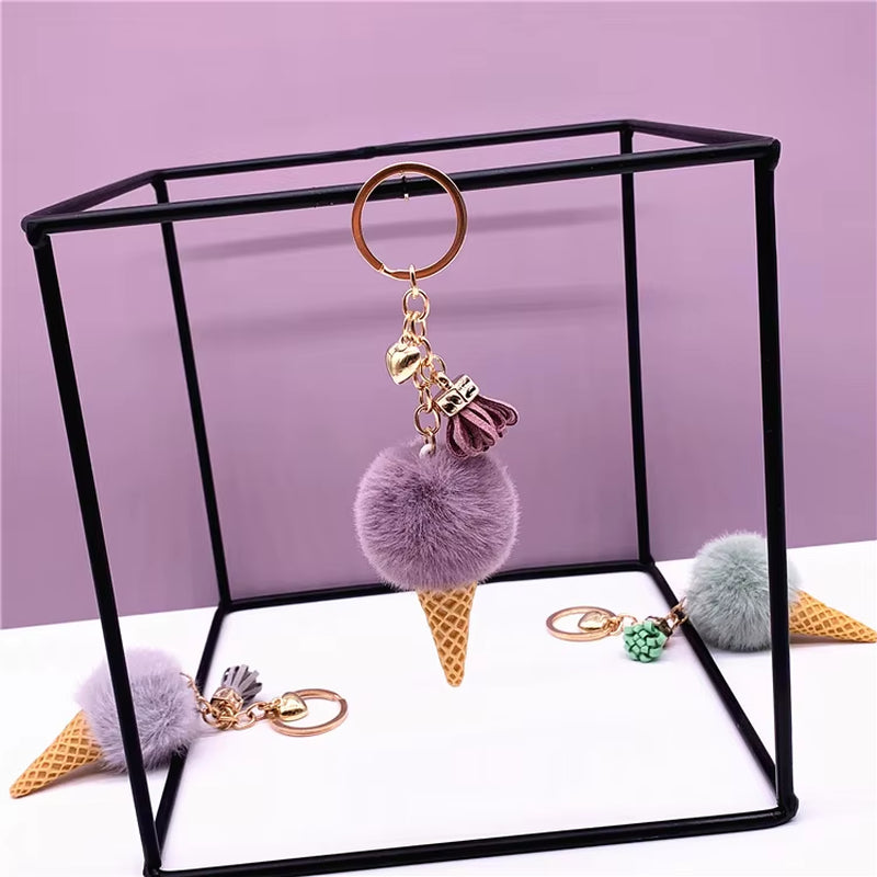 Ice Cream Pendant Rign Keychain Cute Cartoon Keychain Plush Bags Hang Cone Car Key Chain Ring Areata Creative Gift K3164