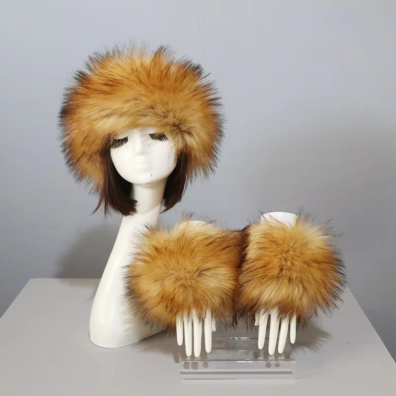 One Set Women Faux Fox Fur Cuffs + Headband Winter Warmer Hat Arm Wrist Sleeve Gloves Female Faux Fur Cap+Elastic Wristband