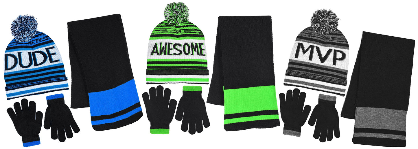 Boy'S 3 Piece Knit Hat, Scarf & Gloves Set in 4 Fun Designs