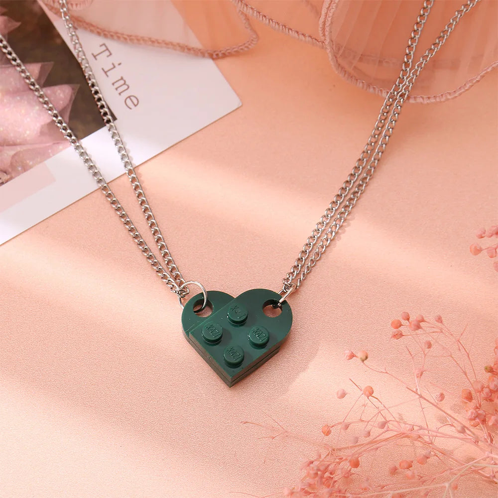 2Pcs Heart Brick Couples Love Necklace for Lovers Women Men Lego Elements Friends Necklaces Valentines Gift Jewelry