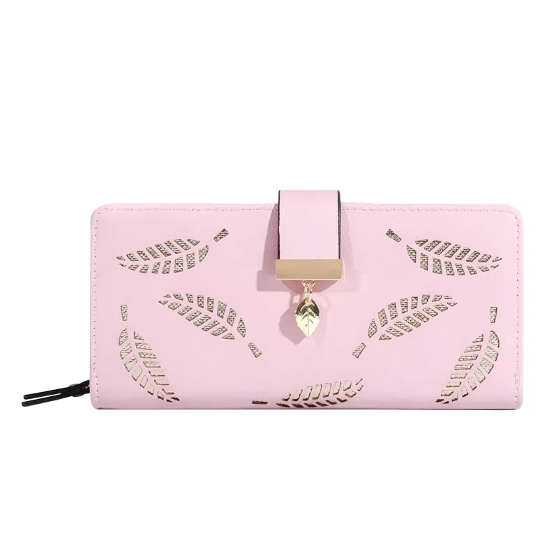 Women Wallet PU Leather Purse Female Long Wallet Gold Hollow Leaves Pouch Handbag for Women Coin Purse Card Holders Clutch